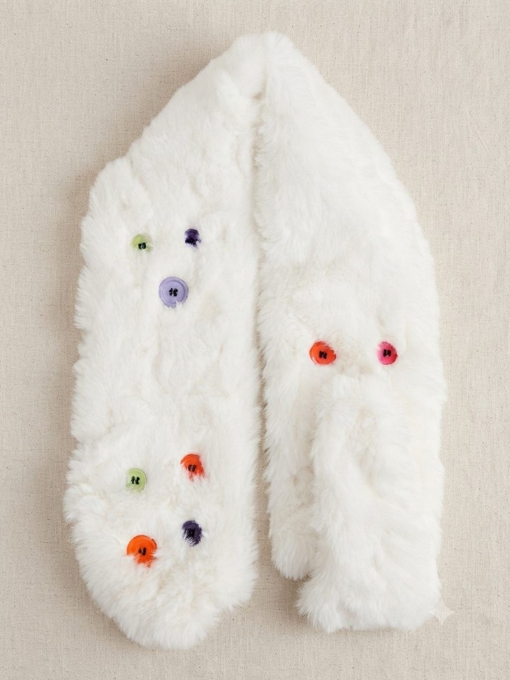 Halara Faux Fur White Winter Scarf with Colorful Accent Buttons Fun Quirky - Picture 1 of 5